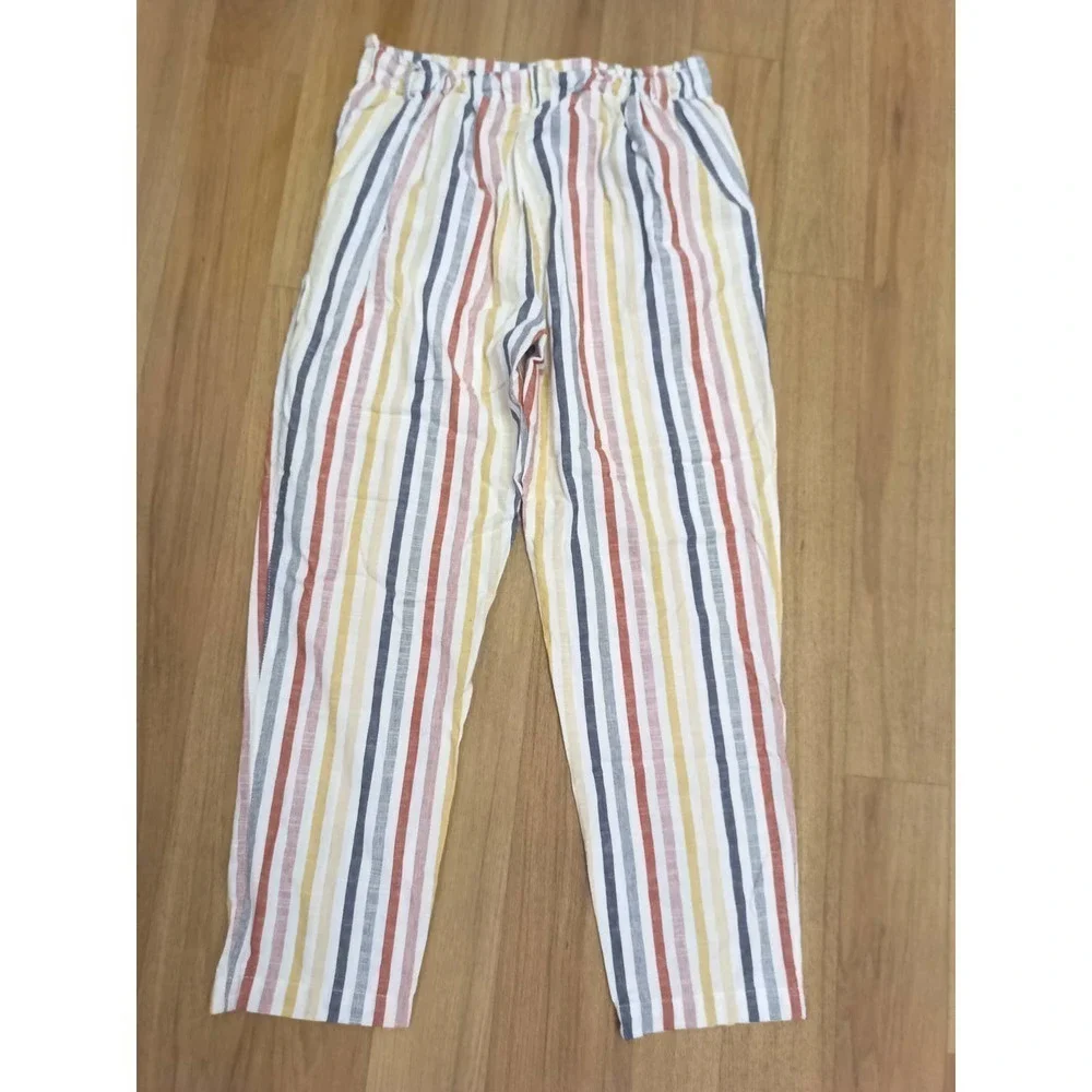 Blu Pepper Women Sz L Stripe Paperbag Boho Pants With Pockets Belt Loops - Picture 4 of 5